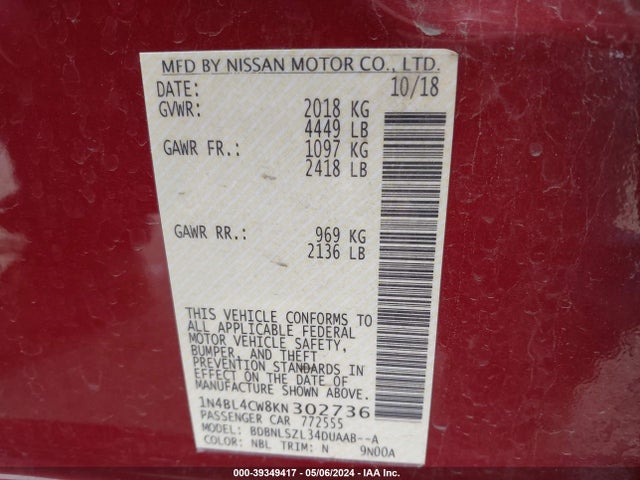 Nissan Altima 2.5 Sr 2019 1N4BL4CW8KN302736 Image 9