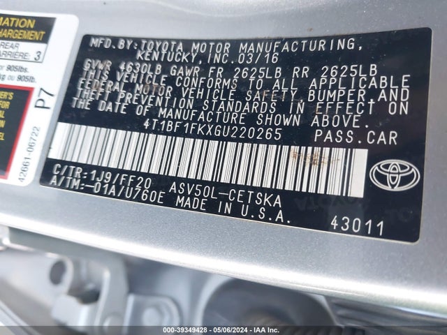 Toyota CAMRY SE 2016 4T1BF1FKXGU220265 Image 9