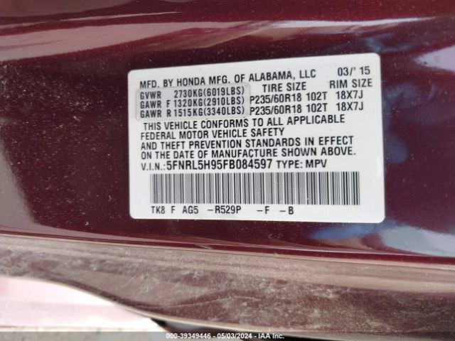 5FNRL5H95FB084597 Honda Odyssey Touring/touring Elite