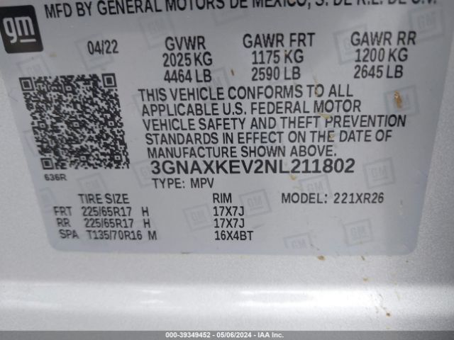 3GNAXKEV2NL211802 Chevrolet Equinox Fwd Lt