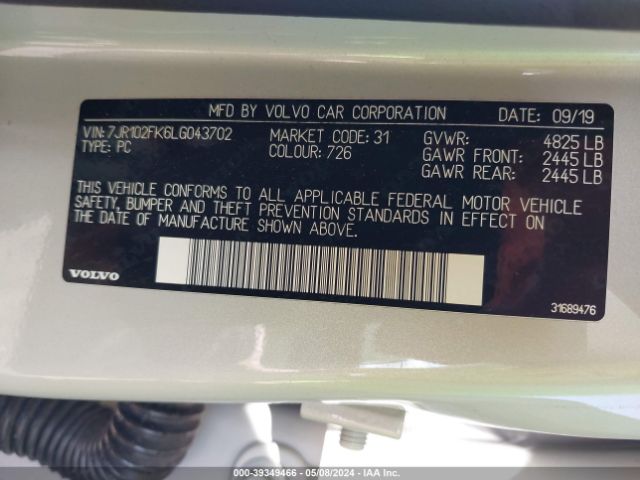 7JR102FK6LG043702 Volvo S60 T5 Momentum