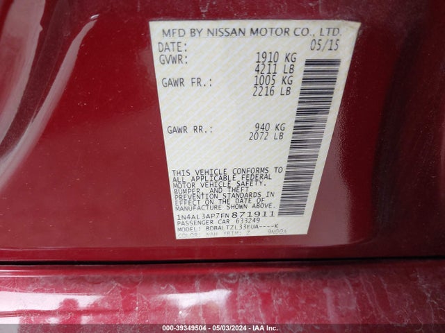 Nissan Altima 2.5 Sl 2015 1N4AL3AP7FN871911 Image 9