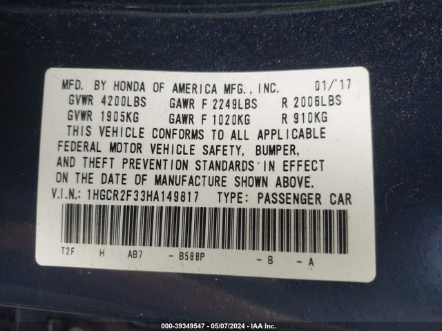 Honda ACCORD LX 2017 1HGCR2F33HA149817 Image 9