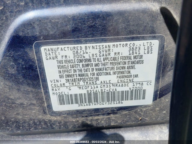 Nissan SENTRA S 2016 3N1AB7AP0GY325186 Image 9