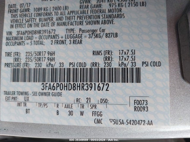 Ford FUSION SE 2017 3FA6P0HD8HR391672 Image 9