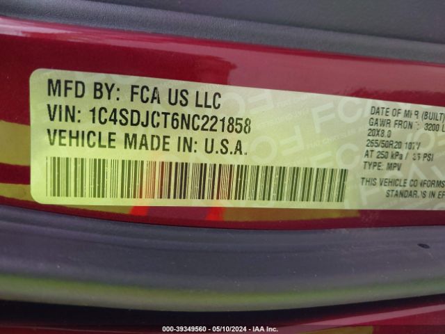 1C4SDJCT6NC221858 Dodge Durango R/t Plus Awd