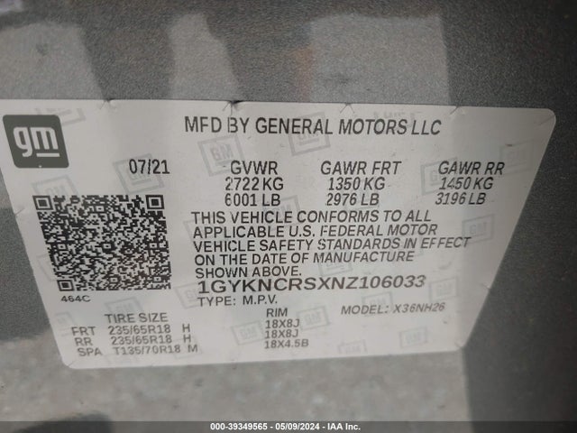 1GYKNCRSXNZ106033 Cadillac Xt5 Fwd Premium Luxury