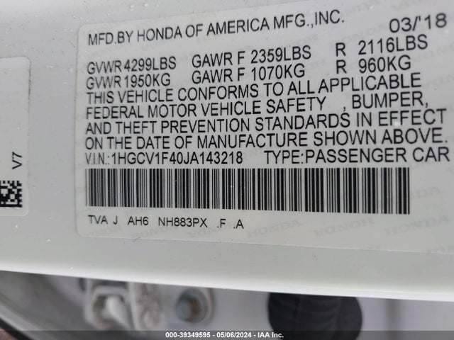 Honda ACCORD EX 2018 1HGCV1F40JA143218 Image 9