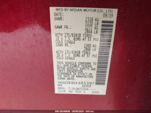 5N1AZ2BJ8LN105397 Nissan Murano Sv Fwd