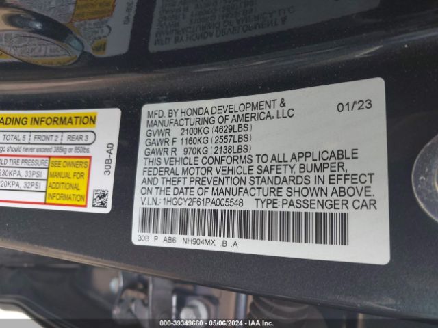 1HGCY2F61PA005548 Honda Accord Hybrid Ex-l