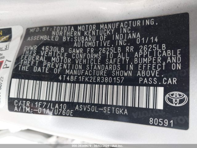 4T4BF1FK2ER380157 Toyota CAMRY XLE