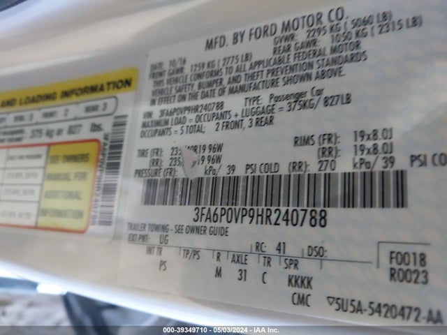3FA6P0VP9HR240788 Ford Fusion Sport