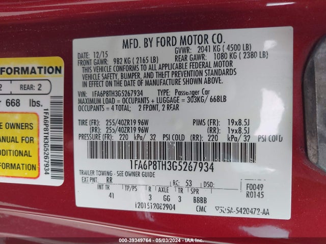 Ford Mustang Ecoboost 2016 1FA6P8TH3G5267934 Image 9