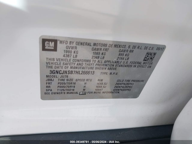 Chevrolet TRAX LS 2017 3GNCJNSB7HL266613 Image 9