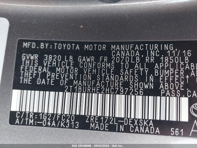 Toyota COROLLA SE 2017 2T1BURHE2HC797256 Image 9