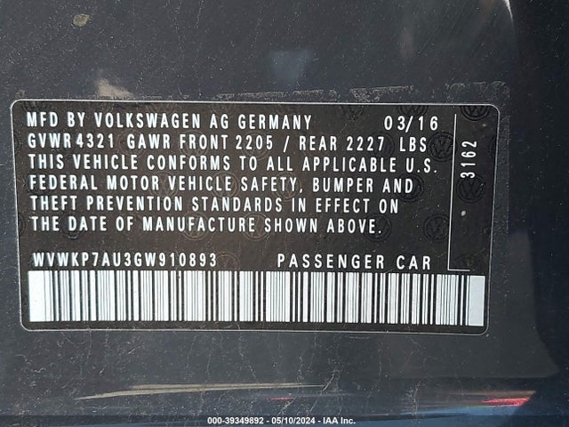 WVWKP7AU3GW910893 Volkswagen E-golf Se