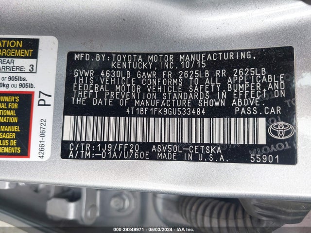 Toyota CAMRY SE 2016 4T1BF1FK9GU533484 Image 9