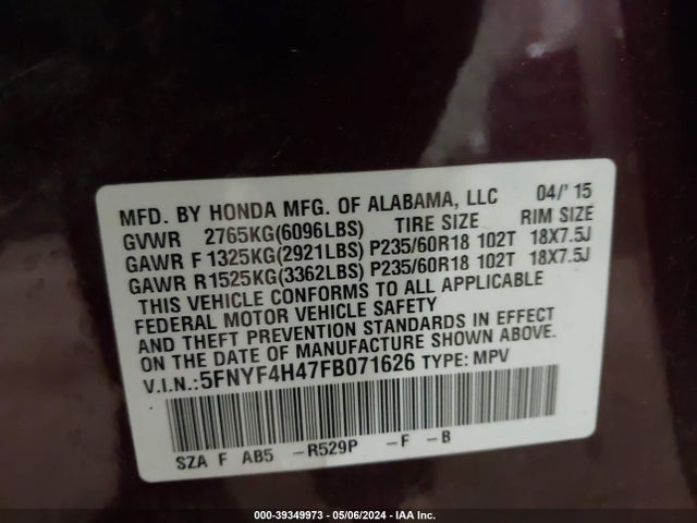 Honda Pilot Ex 2015 5FNYF4H47FB071626 Image 9