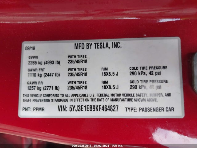 Tesla Model 3 Long Range/performance 2019 5YJ3E1EB9KF464827 Image 9