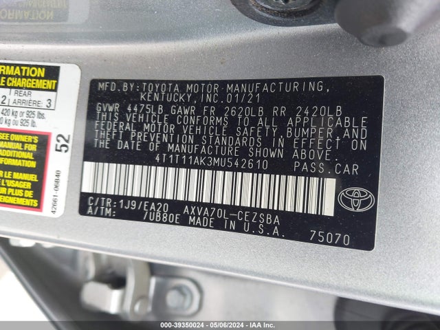 4T1T11AK3MU542610 Toyota CAMRY SE