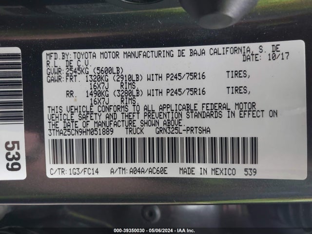 Toyota Tacoma Sr5 V6 2017 3TMAZ5CN9HM051889 Image 9