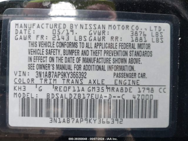 3N1AB7AP9KY366392 Nissan SENTRA SV