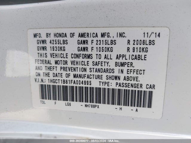 Honda Accord Ex-l 2015 1HGCT1B81FA004995 Image 9