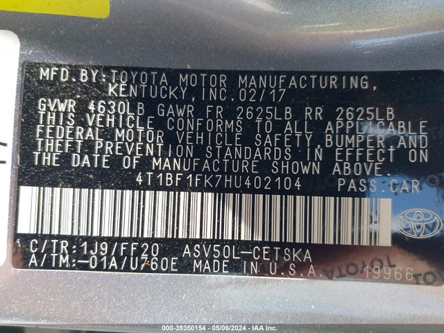 Toyota CAMRY SE 2017 4T1BF1FK7HU402104 Image 9