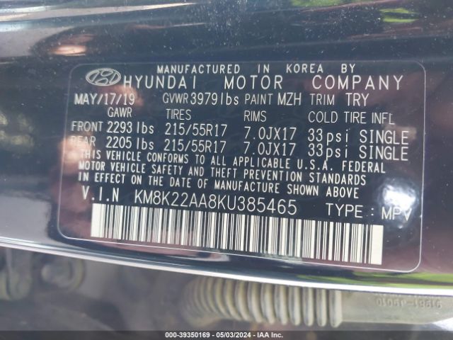 KM8K22AA8KU385465 Hyundai Kona Sel