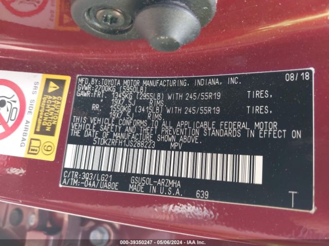 5TDKZRFH1JS288223 Toyota Highlander Se