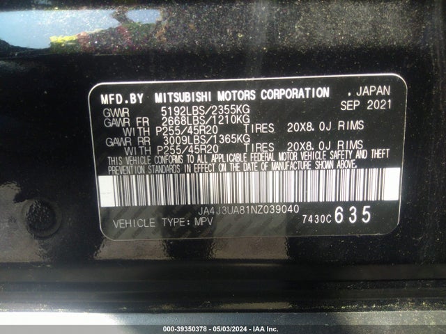 JA4J3UA81NZ039040 Mitsubishi Outlander Black Edition 2wd/se 2.5 2wd/se Launch Edition 2wd