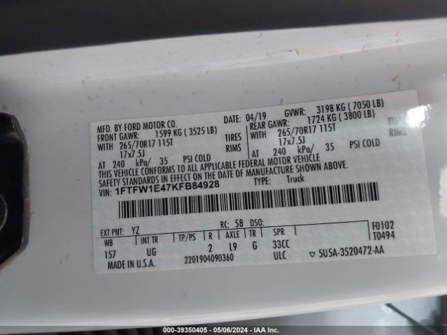 1FTFW1E47KFB84928 Ford F-150 Xlt