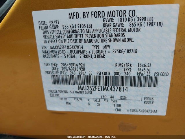 Ford ECOSPORT S 2021 MAJ3S2FE1MC437814 Image 9