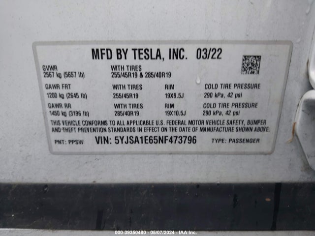 Tesla Model S Plaid Tri Motor All-wheel Drive 2022 5YJSA1E65NF473796 Image 9