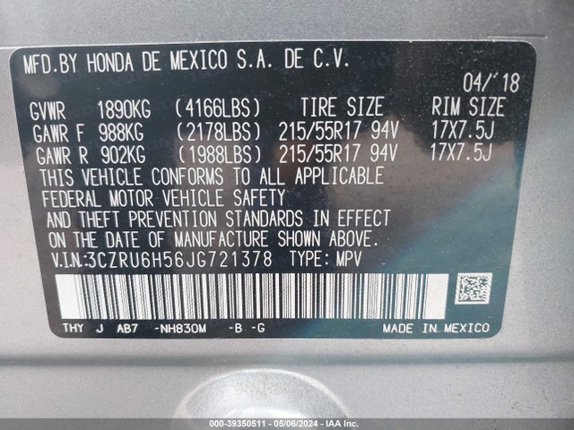 Honda HR-V EX 2018 3CZRU6H56JG721378 Image 9