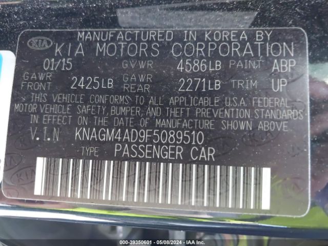 KNAGM4AD9F5089510 KIA OPTIMA HYBRID