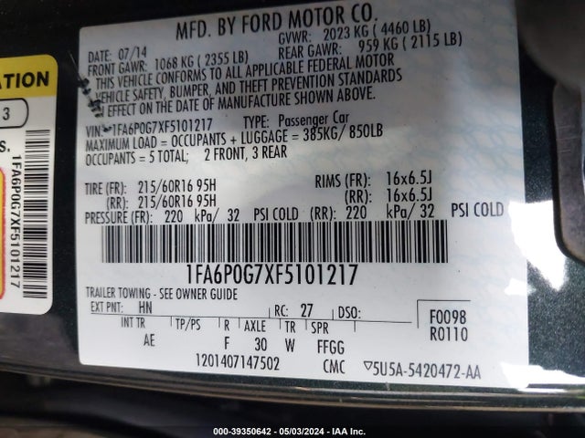 Ford FUSION S 2015 1FA6P0G7XF5101217 Image 9