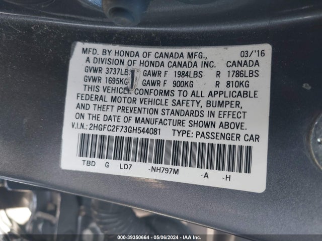 Honda CIVIC EX 2016 2HGFC2F73GH544081 Image 9