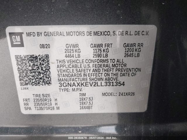 3GNAXKEV2LL331354 Chevrolet Equinox Fwd Lt 1.5l Turbo