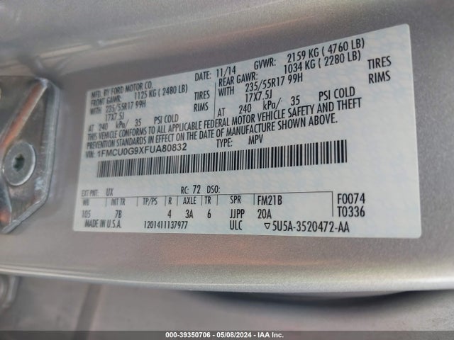 Ford ESCAPE SE 2015 1FMCU0G9XFUA80832 Image 9