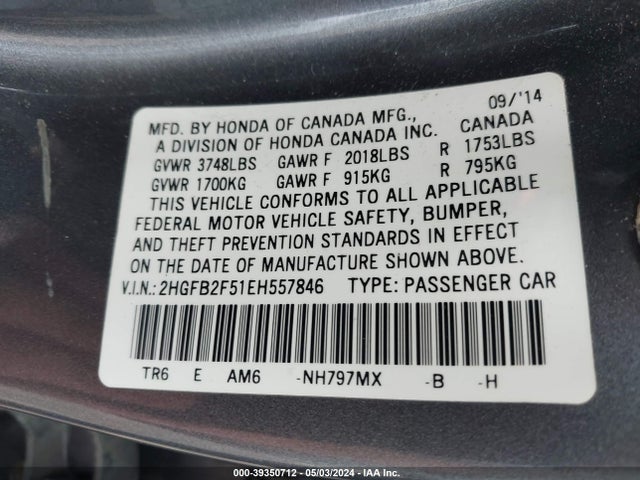 Honda Civic Lx 2014 2HGFB2F51EH557846 Image 9