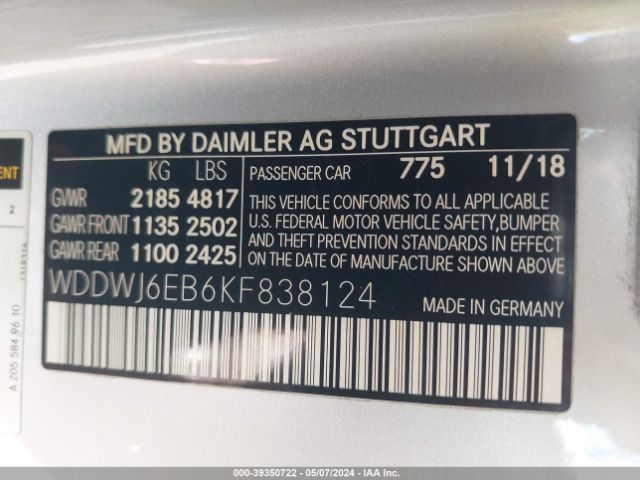 WDDWJ6EB6KF838124 Mercedes-Benz Amg C 43 4matic