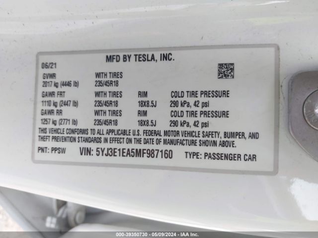 5YJ3E1EA5MF987160 Tesla Model 3 Standard Range Plus Rear-wheel Drive