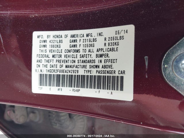Honda Accord Ex-l 2014 1HGCR2F89EA242929 Image 9