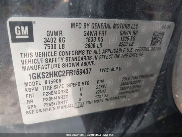 1GKS2HKC2FR169437 GMC Yukon Xl 1500 Slt