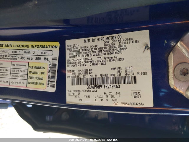 Ford FUSION SE 2015 3FA6P0H91FR249463 Image 9
