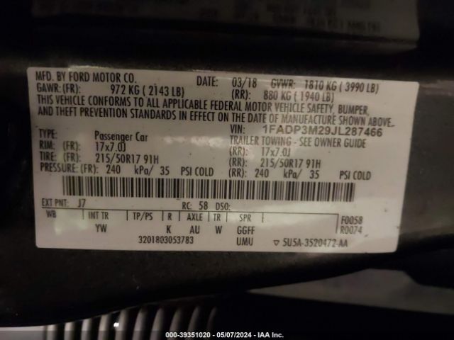 1FADP3M29JL287466 Ford FOCUS SEL