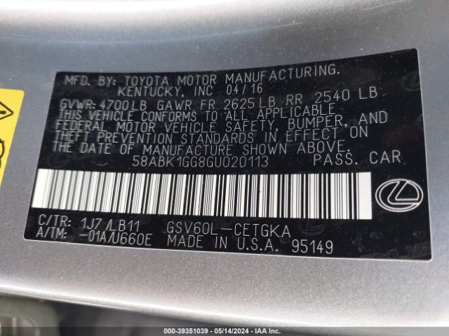 58ABK1GG8GU020113 Lexus ES 350