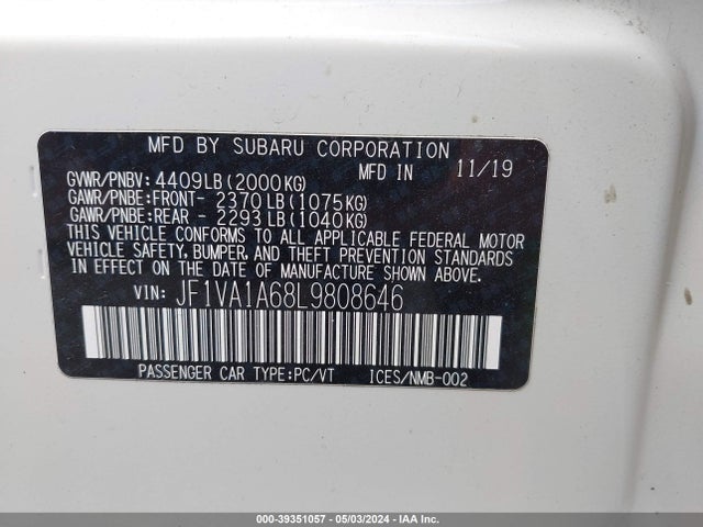 Subaru WRX 2020 JF1VA1A68L9808646 Image 9