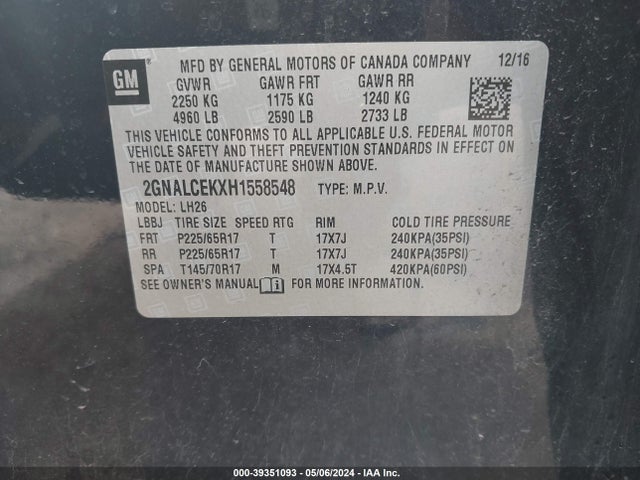 Chevrolet EQUINOX LT 2017 2GNALCEKXH1558548 Image 9